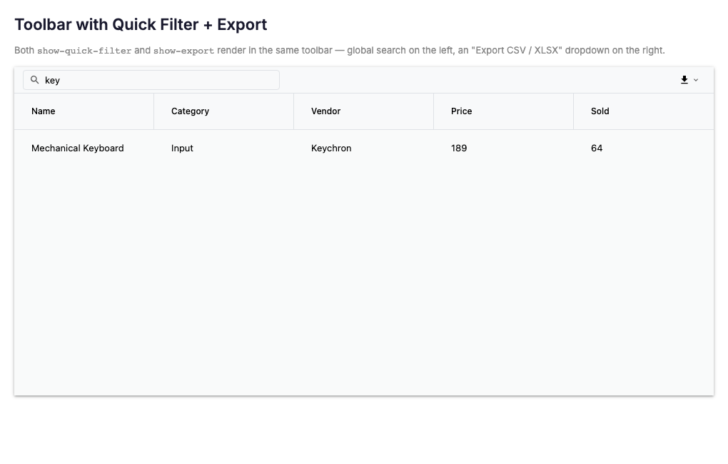 Toolbar with Quick Filter + Export